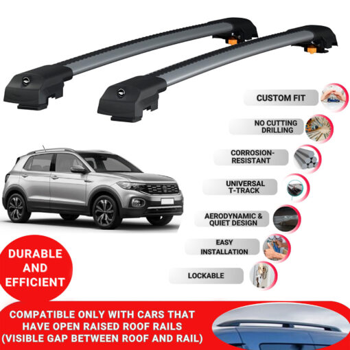 Lockable Roof Bars fit Raised Rails For Vw T-Cross 2019-2024; Heavy Duty Aluminum Roof Rails Cross Bar, Ideal Car Roof Rack Bars for Luggage 2 Pcs Rail Carrier (Grey) - Image 2