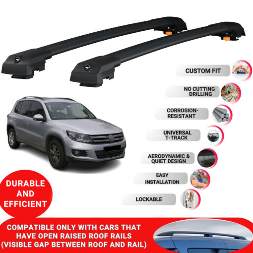 Lockable Roof Bars fit Raised Rails For Vw Tiguan 2006-2015; Heavy Duty Aluminum Roof Rails Cross Bar, Ideal Car Roof Rack Bars for Luggage 2 Pcs Rail Carrier (Black) - Image 2