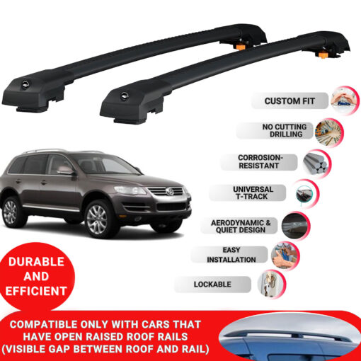 Lockable Roof Bars fit Raised Rails For Vw Touareg 2002-2009; Heavy Duty Aluminum Roof Rails Cross Bar, Ideal Car Roof Rack Bars for Luggage 2 Pcs Rail Carrier (Black) - Image 2