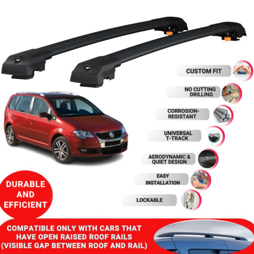 Lockable Roof Bars fit Raised Rails For Vw Touran 2003-2015; Heavy Duty Aluminum Roof Rails Cross Bar, Ideal Car Roof Rack Bars for Luggage 2 Pcs Rail Carrier (Black) - Image 2