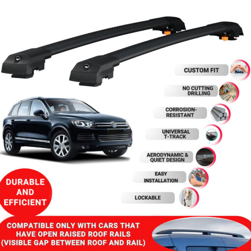 Lockable Roof Bars fit Raised Rails For Vw Touareg 2010-2019; Heavy Duty Aluminum Roof Rails Cross Bar, Ideal Car Roof Rack Bars for Luggage 2 Pcs Rail Carrier (Black) - Image 2