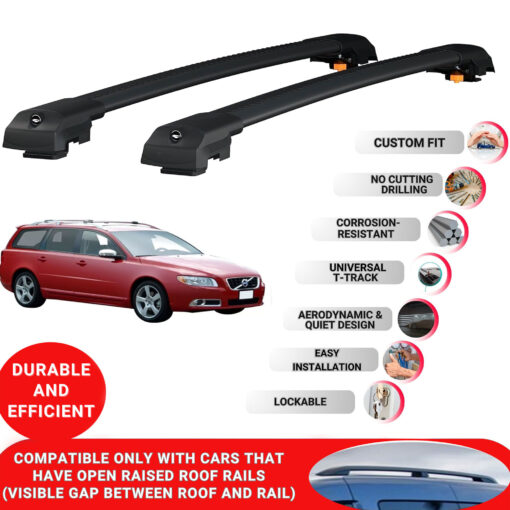 Lockable Roof Bars fit Raised Rails For Volvo V70 2000-2007; Heavy Duty Aluminum Roof Rails Cross Bar, Ideal Car Roof Rack Bars for Luggage 2 Pcs Rail Carrier (Black) - Image 2