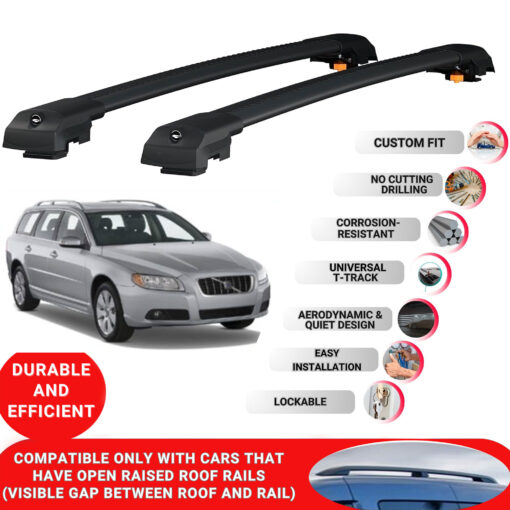 Lockable Roof Bars fit Raised Rails For Volvo V70 2008-2016; Heavy Duty Aluminum Roof Rails Cross Bar, Ideal Car Roof Rack Bars for Luggage 2 Pcs Rail Carrier (Black) - Image 2