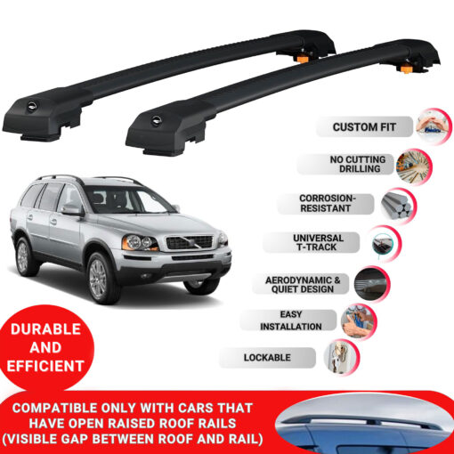 Lockable Roof Bars fit Raised Rails For Volvo XC90 2003-2015; Heavy Duty Aluminum Roof Rails Cross Bar, Ideal Car Roof Rack Bars for Luggage 2 Pcs Rail Carrier (Black) - Image 2