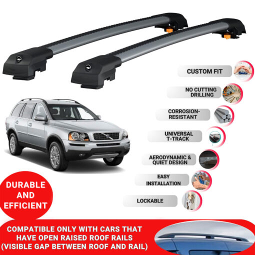 Lockable Roof Bars fit Raised Rails For Volvo XC90 2003-2015; Heavy Duty Aluminum Roof Rails Cross Bar, Ideal Car Roof Rack Bars for Luggage 2 Pcs Rail Carrier (Grey) - Image 2