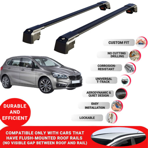 Axenture Lockable Roof Bars For Bmw 2-Series Active Tourer (F45) 2014-2021; fit Flush-mounted Roof Rails; Aluminum Roof Rails Cross Bar, Ideal Car Roof Rack Bars for Luggage 2 Pcs Rail Carrier Black - Image 2