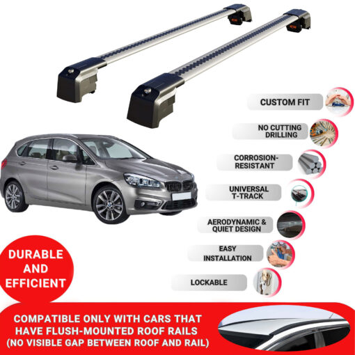 Axenture Lockable Roof Bars For Bmw 2-Series Active Tourer (F45) 2014-2021; fit Flush-mounted Roof Rails; Aluminum Roof Rails Cross Bar, Ideal Car Roof Rack Bars for Luggage 2 Pcs Rail Carrier Grey - Image 2