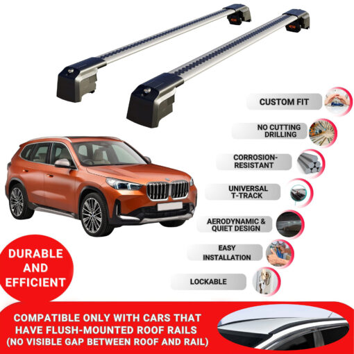 Axenture Lockable Roof Bars For Bmw X1 (U11) 2022-Onwards; fit Flush-mounted Roof Rails Heavy Duty Aluminum Roof Rails Cross Bar, Ideal Car Roof Rack Bars for Luggage 2 Pcs Rail Carrier Grey - Image 2