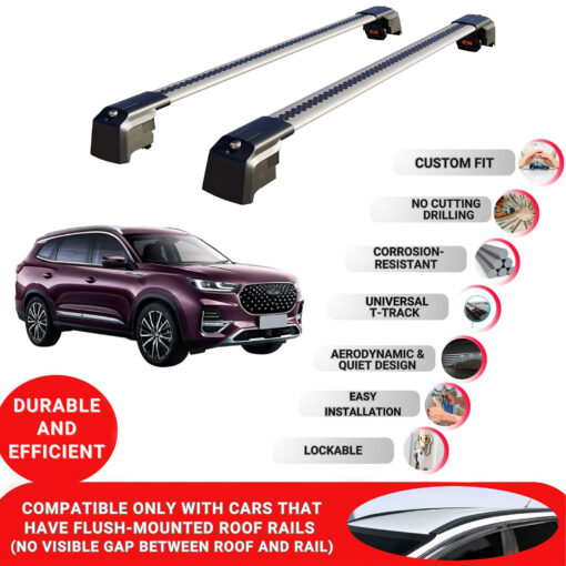 Axenture Lockable Roof Bars For Chery Tiggo 8 Pro 2022-Onwards; fit Flush-mounted Roof Rails Heavy Duty Aluminum Roof Rails Cross Bar, Ideal Car Roof Rack Bars for Luggage 2 Pcs Rail Carrier Grey - Image 2
