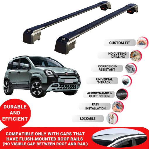 Axenture Lockable Roof Bars For Fiat Panda Cross 2011-Onwards; fit Flush-mounted Roof Rails Heavy Duty Aluminum Roof Rails Cross Bar, Ideal Car Roof Rack Bars for Luggage 2 Pcs Rail Carrier Black - Image 2
