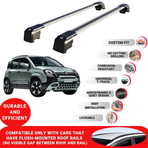 Axenture Lockable Roof Bars For Fiat Panda Cross 2011-Onwards; fit Flush-mounted Roof Rails Heavy Duty Aluminum Roof Rails Cross Bar, Ideal Car Roof Rack Bars for Luggage 2 Pcs Rail Carrier Grey - Image 2