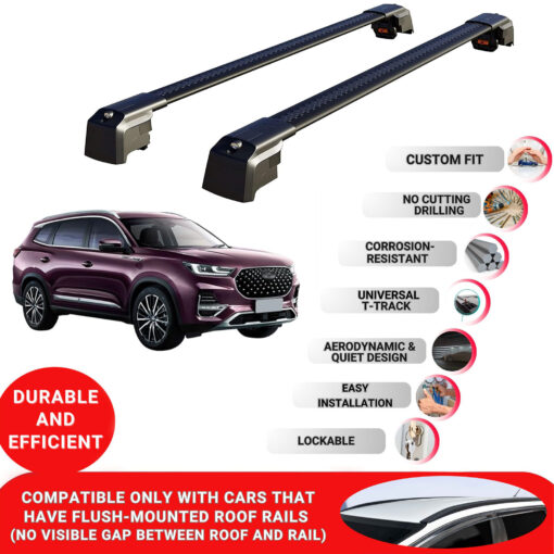 Axenture Lockable Roof Bars For Fownix Tiggo 8 Pro 2022-Onwards; fit Flush-mounted Roof Rails Heavy Duty Aluminum Roof Rails Cross Bar, Ideal Car Roof Rack Bars for Luggage 2 Pcs Rail Carrier Black - Image 2