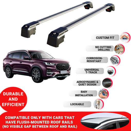 Axenture Lockable Roof Bars For Fownix Tiggo 8 Pro 2022-Onwards; fit Flush-mounted Roof Rails Heavy Duty Aluminum Roof Rails Cross Bar, Ideal Car Roof Rack Bars for Luggage 2 Pcs Rail Carrier Grey - Image 2