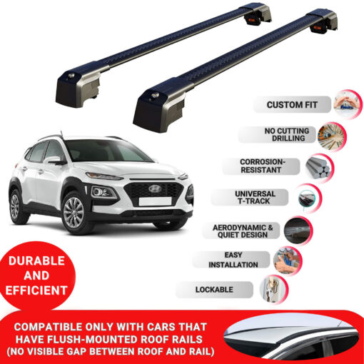 Axenture Lockable Roof Bars For Hyundai Kona 2017-2022; fit Flush-mounted Roof Rails Heavy Duty Aluminum Roof Rails Cross Bar, Ideal Car Roof Rack Bars for Luggage 2 Pcs Rail Carrier Black - Image 2