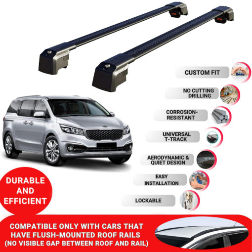 Axenture Lockable Roof Bars For Kia Grand Sedona (YP) 2015-2021; fit Flush-mounted Roof Rails Heavy Duty Aluminum Roof Rails Cross Bar, Ideal Car Roof Rack Bars for Luggage 2 Pcs Rail Carrier Black - Image 2