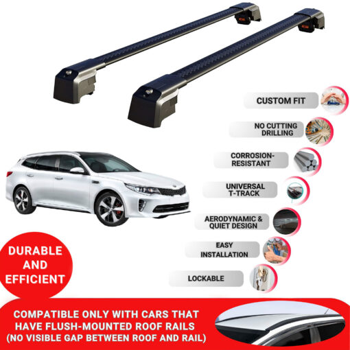 Axenture Lockable Roof Bars For Kia Optima 2016-2021; fit Flush-mounted Roof Rails Heavy Duty Aluminum Roof Rails Cross Bar, Ideal Car Roof Rack Bars for Luggage 2 Pcs Rail Carrier Black - Image 2