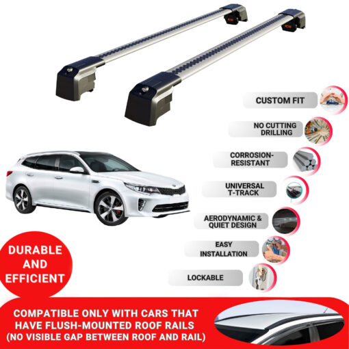 Axenture Lockable Roof Bars For Kia Optima 2016-2021; fit Flush-mounted Roof Rails Heavy Duty Aluminum Roof Rails Cross Bar, Ideal Car Roof Rack Bars for Luggage 2 Pcs Rail Carrier Grey - Image 2