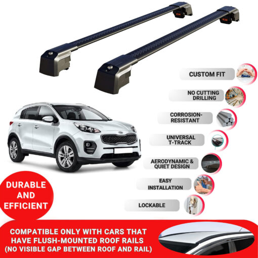 Axenture Lockable Roof Bars For Kia Sportage (QL) 2016-2021; fit Flush-mounted Roof Rails Heavy Duty Aluminum Roof Rails Cross Bar, Ideal Car Roof Rack Bars for Luggage 2 Pcs Rail Carrier Black - Image 2