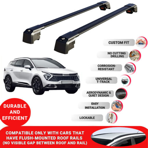 Axenture Lockable Roof Bars For Kia Sportage (NQ5) 2022-Onwards; fit Flush-mounted Roof Rails Heavy Duty Aluminum Roof Rails Cross Bar, Ideal Car Roof Rack Bars for Luggage 2 Pcs Rail Carrier Black - Image 2