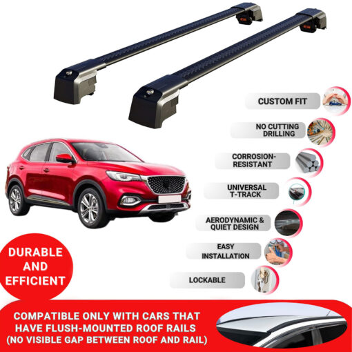 Axenture Lockable Roof Bars For Mg EHS (AS23) 2019-Onwards; fit Flush-mounted Roof Rails Heavy Duty Aluminum Roof Rails Cross Bar, Ideal Car Roof Rack Bars for Luggage 2 Pcs Rail Carrier Black - Image 2