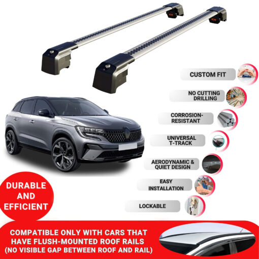 Axenture Lockable Roof Bars For Renault Austral 2022-Onwards; fit Flush-mounted Roof Rails Heavy Duty Aluminum Roof Rails Cross Bar, Ideal Car Roof Rack Bars for Luggage 2 Pcs Rail Carrier Grey - Image 2