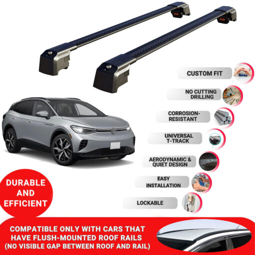 Axenture Lockable Roof Bars For Volkswagen ID.4 2021-Onwards; fit Flush-mounted Roof Rails Heavy Duty Aluminum Roof Rails Cross Bar, Ideal Car Roof Rack Bars for Luggage 2 Pcs Rail Carrier Black - Image 2