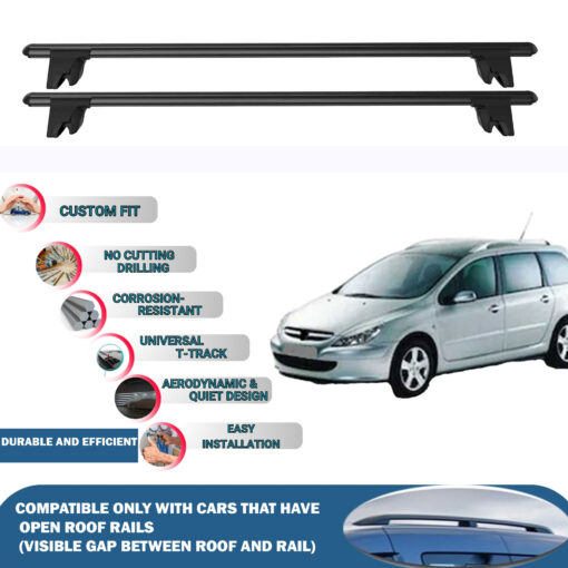 Lockable Car Roof Rack Cross Bars for Peugeot 307 SW 2001-2008, Fits Raised Roof Rails with Gap to Car Roof, Ideal Rail Carrier for Kayak Roof Rack, 2-Piece Black - Image 2