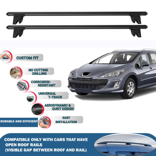 Lockable Car Roof Rack Cross Bars for Peugeot 308 SW 2008-2014, Fits Raised Roof Rails with Gap to Car Roof, Ideal Rail Carrier for Kayak Roof Rack, 2-Piece Black - Image 2