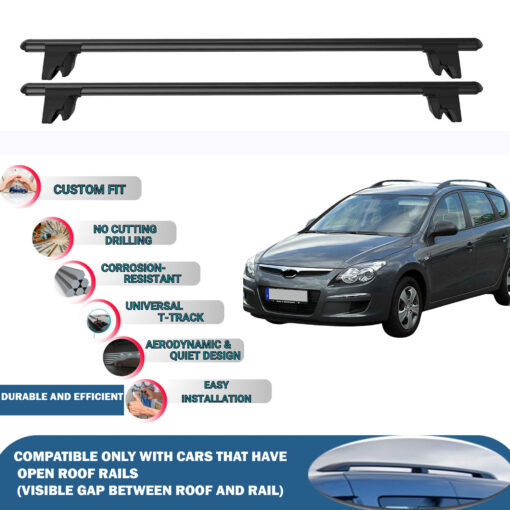 Lockable Car Roof Rack Cross Bars for Hyundai I30 Cw/Sw/Touring 2006-2012, Fits Raised Roof Rails with Gap to Car Roof, Ideal Rail Carrier for Kayak Roof Rack, 2-Piece Black - Image 2