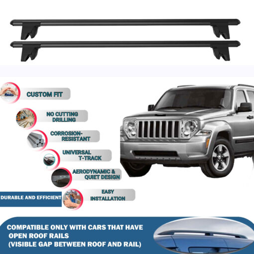 Lockable Car Roof Rack Cross Bars for Jeep Cherokee KK 2008-2014, Fits Raised Roof Rails with Gap to Car Roof, Ideal Rail Carrier for Kayak Roof Rack, 2-Piece Black - Image 2