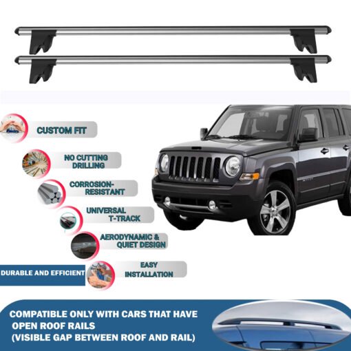 Lockable Car Roof Rack Cross Bars for Jeep Patriot 2007-2017, Fits Raised Roof Rails with Gap to Car Roof, Ideal Rail Carrier for Kayak Roof Rack, 2-Piece Grey - Image 2