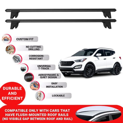 Premium Roof Bars for Hyundai Santa Fe Mk3 2012-2018; Lockable Roof Rack Cross Bars, Compatible with Flush-Mounted Roof Rails (2 Pcs) Black - Image 2