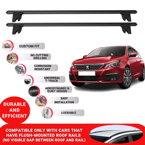 Premium Roof Bars for Peugeot 308 T9 Mk2 Sw / Estate 2013-2021; Lockable Roof Rack Cross Bars, Compatible with Flush-Mounted Roof Rails (2 Pcs) Black - Image 2