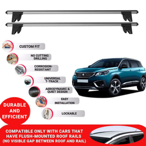 Premium Roof Bars for Peugeot 5008 2017-2023; Lockable Roof Rack Cross Bars, Compatible with Flush-Mounted Roof Rails (2 Pcs) Grey - Image 2