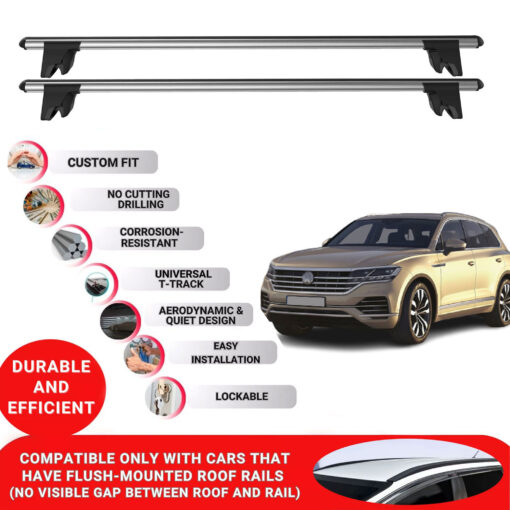 Premium Roof Bars for Volkswagen Touareg 2018-2023; Lockable Roof Rack Cross Bars, Compatible with Flush-Mounted Roof Rails (2 Pcs) Grey - Image 2