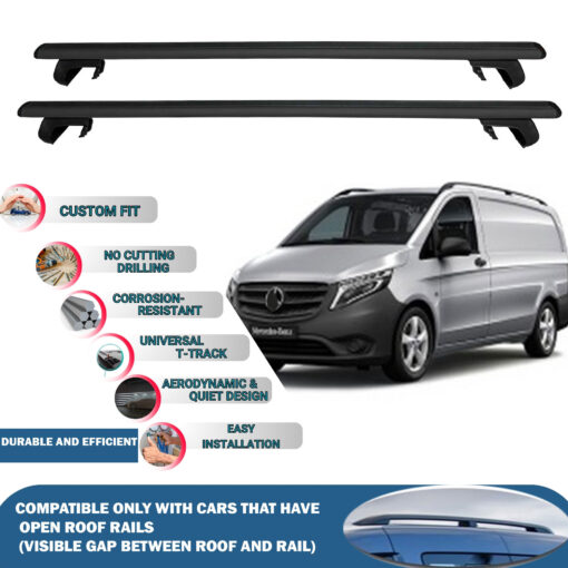 Roof Rack Cross Bars Compatible with Mercedes Benz Vito W447 2014-2020, Fits Raised Roof Rails with Gap to Car Roof, Ideal Rail Carrier for Roof Tents, 4-Piece Black - Image 2